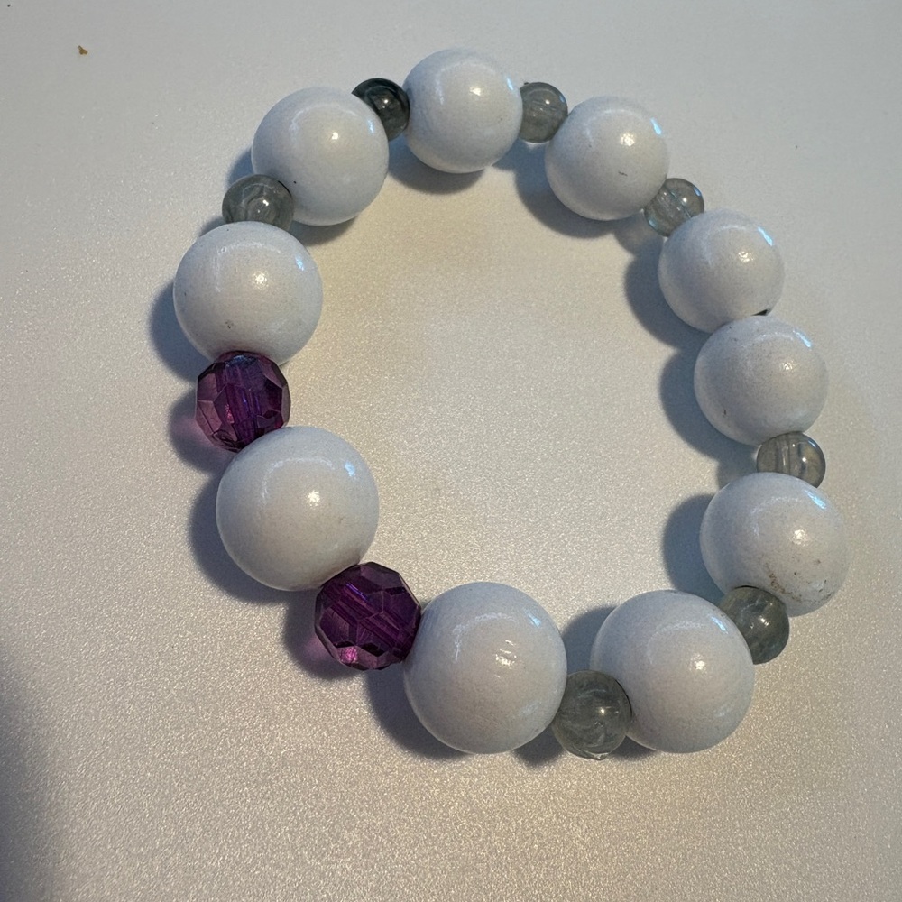 Elegant Handmade White and Purple Beaded Bracelet